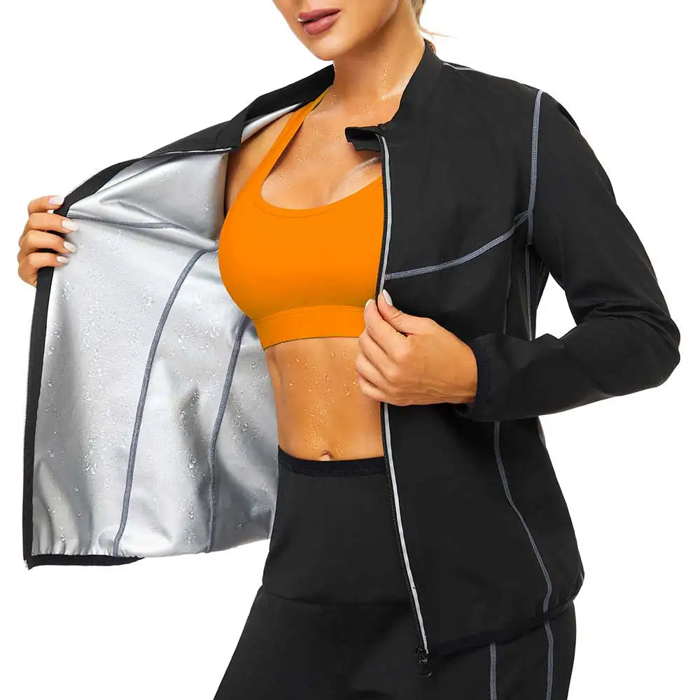 Women Sauna Jacket With Sleeves Hot Sweat Top for Weight Loss Slimming Body.